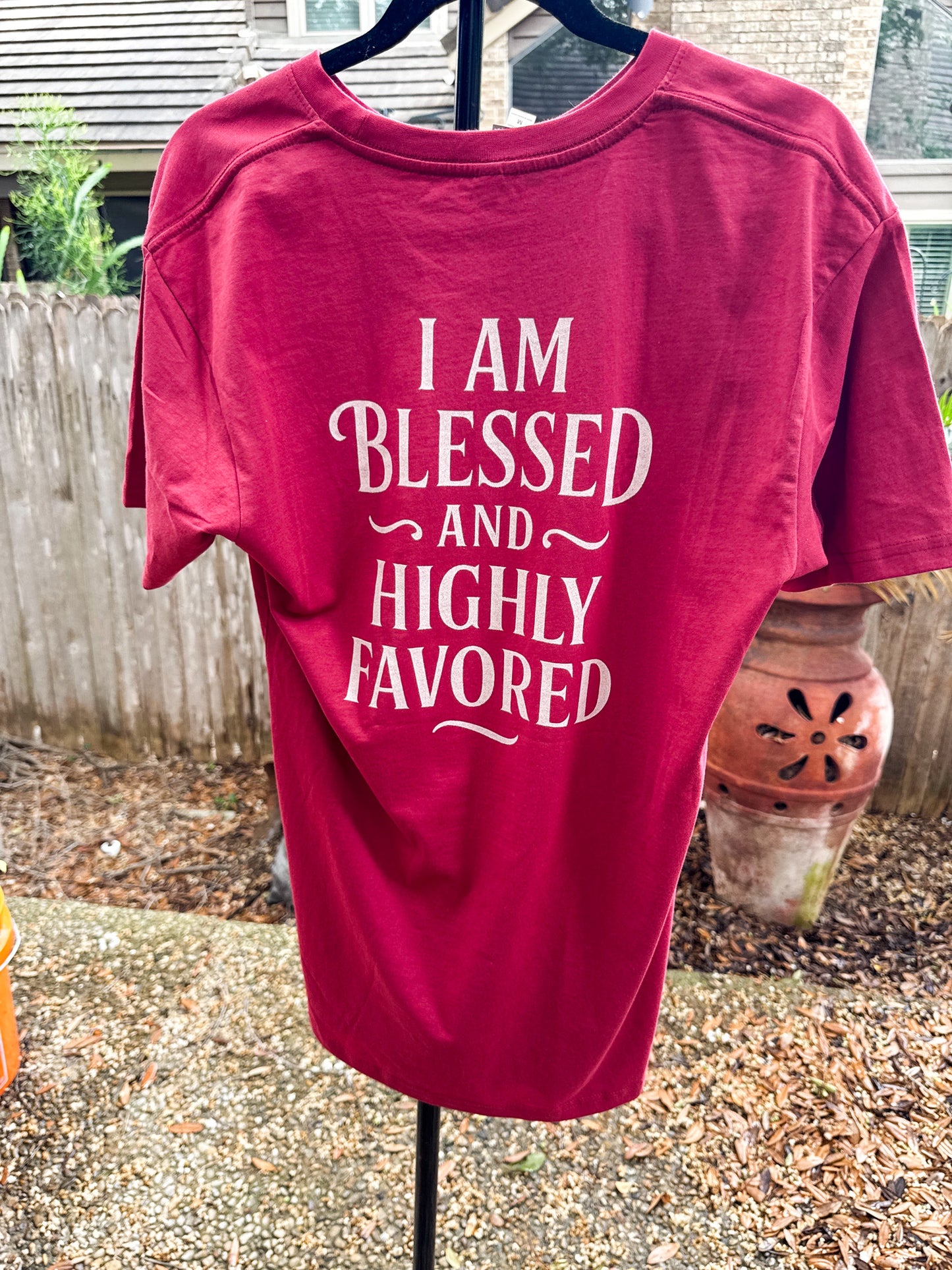 Men’s Premium Heavyweight T-Shirt – Cross Front & “Blessed and Highly Favored” Back