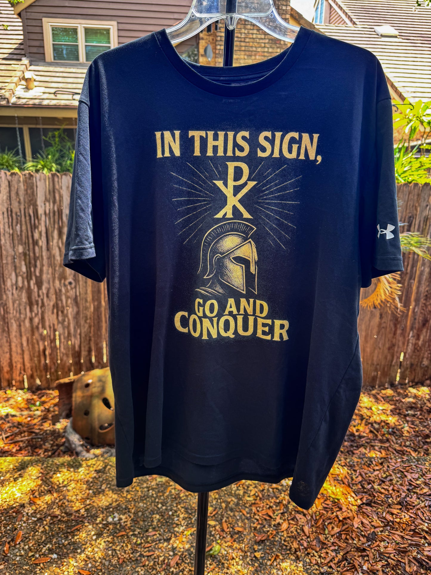 “Go and Conquer – In This Sign” Athletic Christian T-Shirt (Under Armour® Performance Tee)